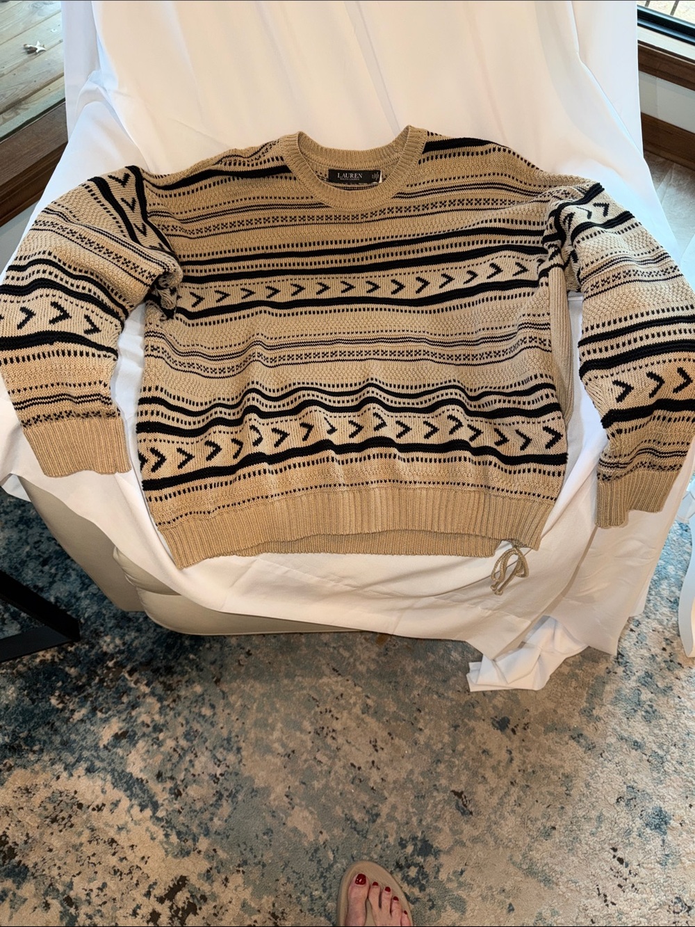 Lauren Ralph Lauren Beige and Black Geometric Knit Crewneck Sweater